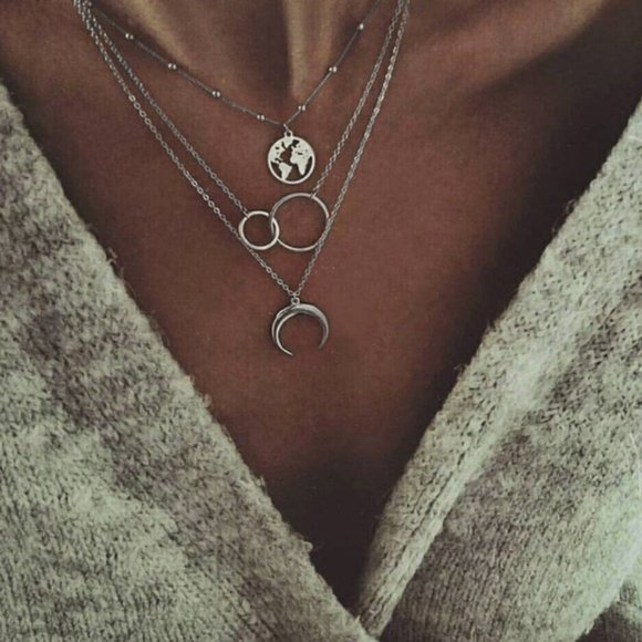 Jewelry - NEW Silver Multi Layered Retro Moon Charm Necklace